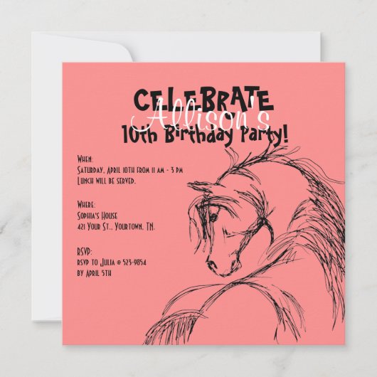 Roze en zwarte paarse schets Birthday Invite Kaart (Voorkant)