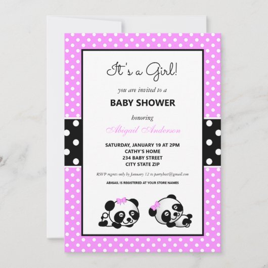 Roze en zwarte Panda Beer Baby shower Uitnodiging (Voorkant)