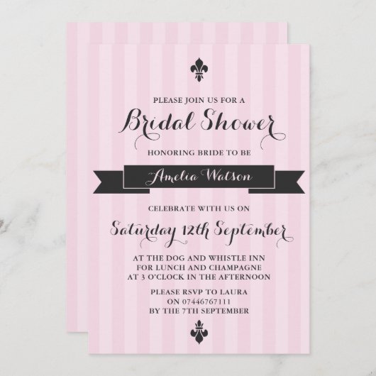 Roze en zwarte Parijse bruidsdouche uitnodiging (Voorkant / Achterkant)