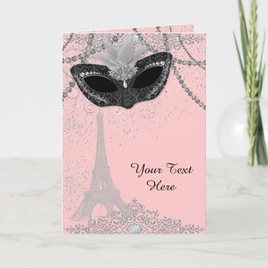 Roze en Zwarte Paris Maskerade Feest Kaart (Voorkant)
