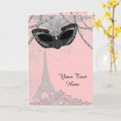 Roze en Zwarte Paris Masquerade Feest Kaart (Gele Bloem)