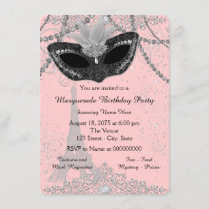 Roze en Zwarte Paris Masquerade Feest Kaart