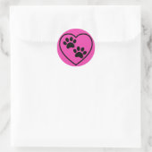 Roze en Zwarte Paw Prints op Hart Ronde Sticker (Tas)