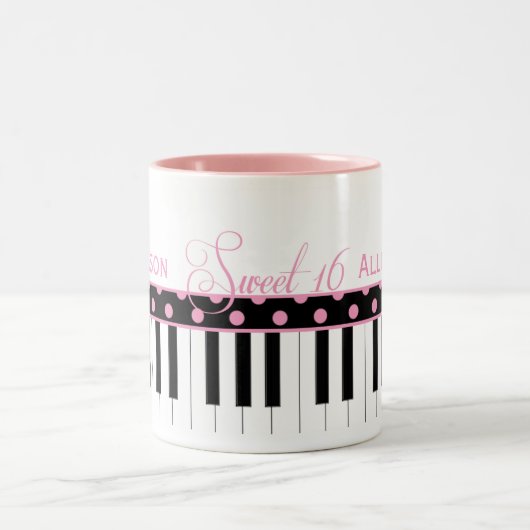 Roze en zwarte pianothema Sweet 16 Coffee-Mok Tweekleurige Koffiemok (Center)
