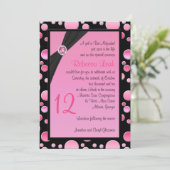 Roze en zwarte poka Dot Bat Mitzvah Invite Kaart (Staand voorkant)
