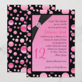 Roze en zwarte poka Dot Bat Mitzvah Invite Kaart (Voorkant / Achterkant)