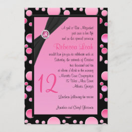 Roze en zwarte poka Dot Bat Mitzvah Invite Kaart