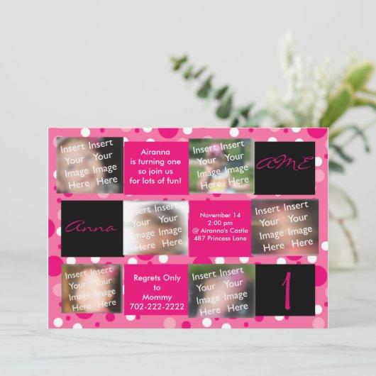 Roze en zwarte poka Dot Birthday Uitnodiging (Staand voorkant)