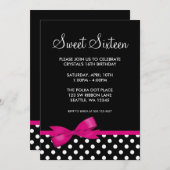 Roze en zwarte poka Dots Bow Sweet 16 Birthday Kaart (Voorkant / Achterkant)