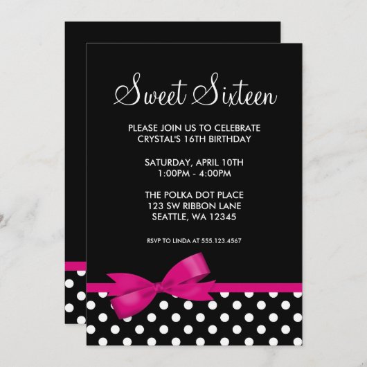 Roze en zwarte poka Dots Bow Sweet 16 Birthday Kaart (Voorkant / Achterkant)