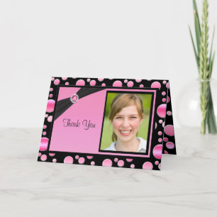 Roze en Zwarte Polka Dot Dank u kaart met foto