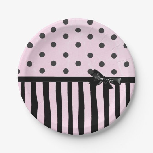 Roze en Zwarte Polka Dot Gestreepte Party Paper Bo Papieren Bordje (Voorkant)