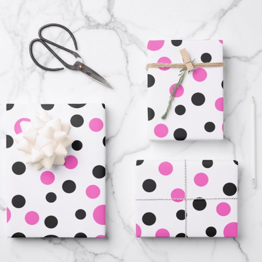 Roze en Zwarte Polka Dot Inpakpapier Vel (Voorkant)