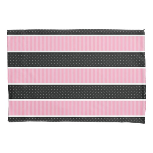 Roze en Zwarte Polka Dot Stripes Patroon Gooi Kussensloop (Voorkant)
