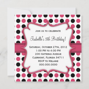 Roze en Zwarte Polka Dot Verjaardag Uitnodiging