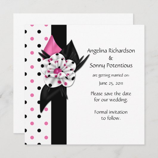 Roze en zwarte polka stippen Save The Date Kaart (Voorkant / Achterkant)