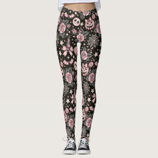 Roze en Zwarte Pompoen en Web Halloween Patroon Leggings