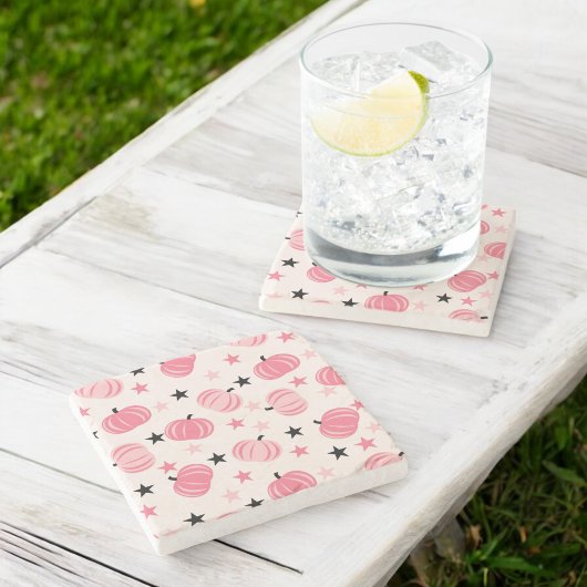 Roze en zwarte pompoen met sterren Halloween & Her Stenen Onderzetter