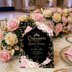 Roze en Zwarte Quinceañera Gouden Rozen Kaart