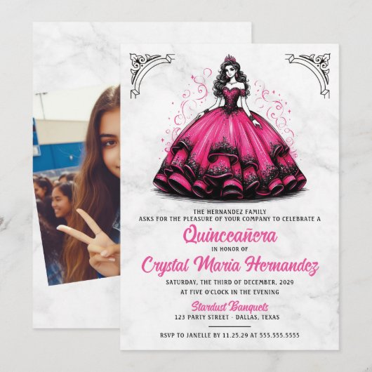 Roze en zwarte Quinceañera Kaart (Voorkant / Achterkant)