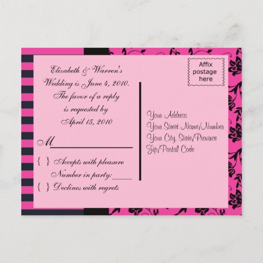 Roze en zwarte R.S.V.P. Kaart (Achterkant)