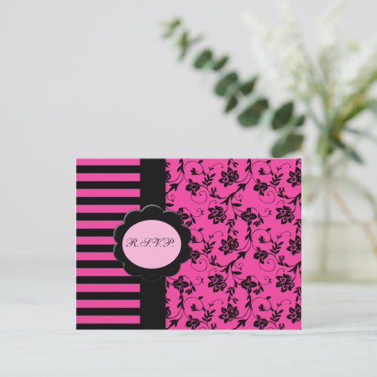 Roze en zwarte R.S.V.P. Kaart (Staand voorkant)