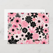 Roze en zwarte retro botanische bloemen patroon briefkaart (Voorkant / Achterkant)