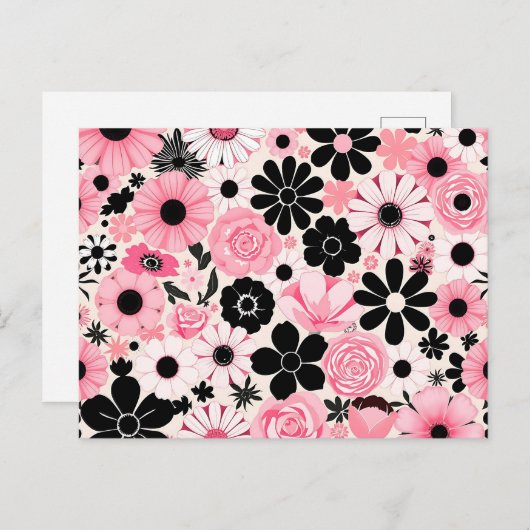 Roze en zwarte retro botanische bloemen patroon briefkaart (Voorkant / Achterkant)