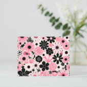 Roze en zwarte retro botanische bloemen patroon briefkaart (Staand voorkant)
