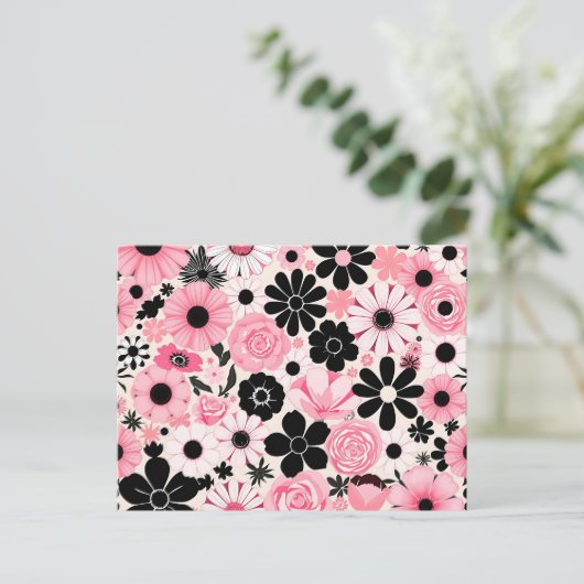 Roze en zwarte retro botanische bloemen patroon briefkaart (Staand voorkant)
