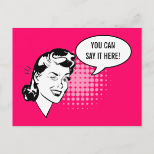 Roze en zwarte Retro Woman Winking Fun Card Briefkaart