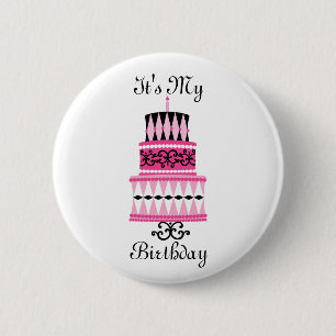 Roze en zwarte ring ronde button 5,7 cm