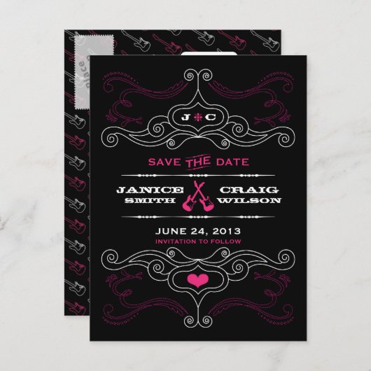 Roze en zwarte Rock 'n' Roll muziek thema bruiloft Aankondigingskaart (Voorkant / Achterkant)