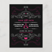 Roze en zwarte Rock 'n' Roll muziek thema bruiloft Aankondigingskaart (Voorkant)