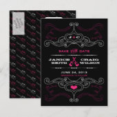 Roze en Zwarte Rock 'n' Roll Muziek Thema Trouwdag Aankondigingskaart (Voorkant / Achterkant)