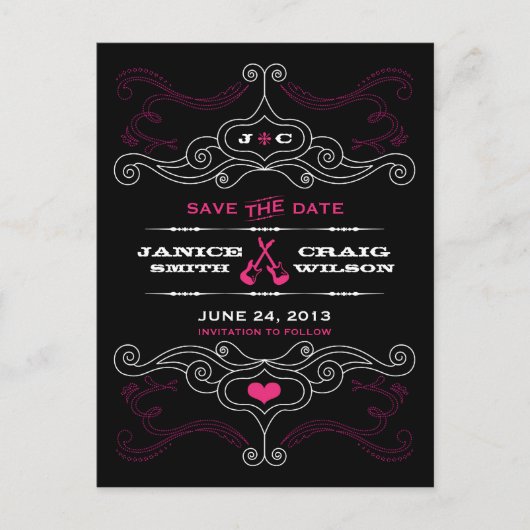 Roze en Zwarte Rock 'n' Roll Muziek Thema Trouwdag Aankondigingskaart (Voorkant)