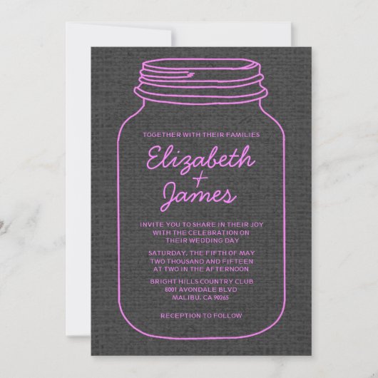 Roze en zwarte roestachtige Mason Jar Wedding Invi Kaart (Voorkant)