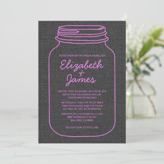 Roze en zwarte roestachtige Mason Jar Wedding Invi Kaart (Staand voorkant)