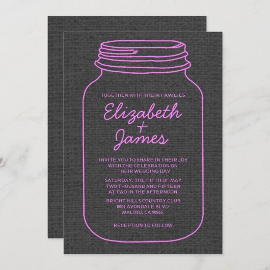 Roze en zwarte roestachtige Mason Jar Wedding Invi Kaart (Voorkant / Achterkant)
