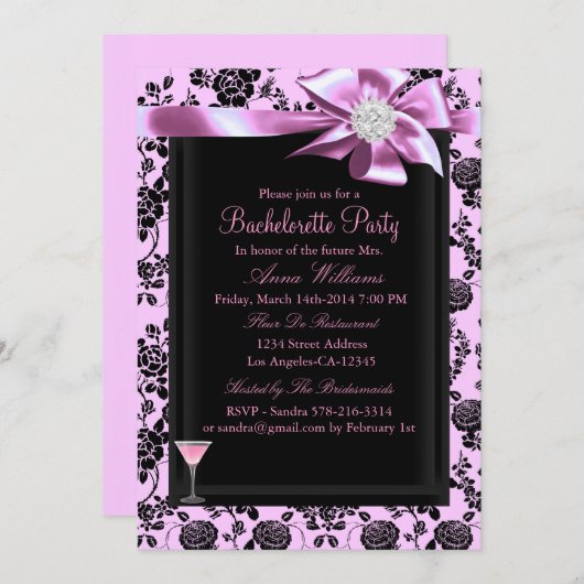 Roze en zwarte Roos Bachelorette Party nodigt uit Kaart (Voorkant / Achterkant)