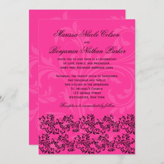 Roze en Zwarte Roze Berichten Uitnodiging (Voorkant / Achterkant)