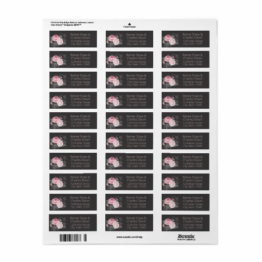 Roze en Zwarte Rozen Bruiloft Retouradres Label (Full Sheet)