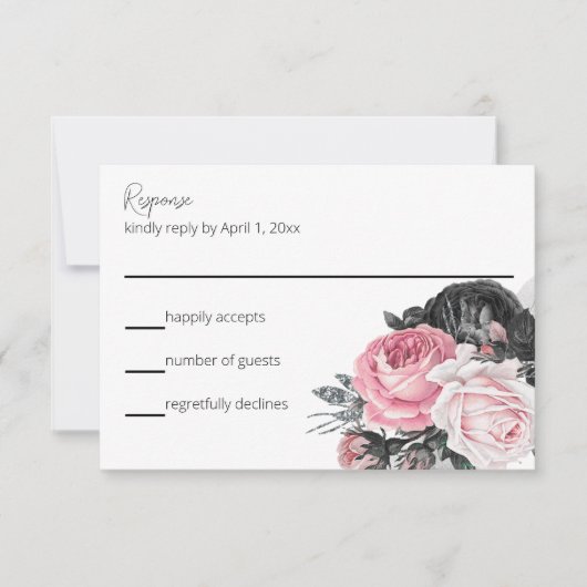 Roze en Zwarte Rozen Bruiloft RSVP Kaart (Voorkant)
