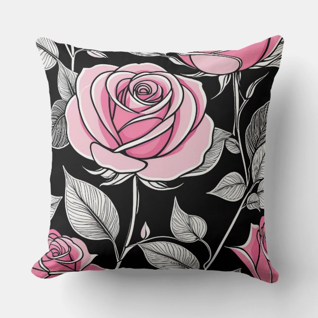 Roze en zwarte Rozen Kussen (Voorkant)