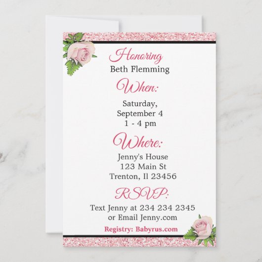 Roze en Zwarte Rozen Meisje's Baby shower Invitati Kaart (Achterkant)