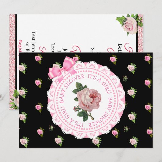 Roze en Zwarte Rozen Meisje's Baby shower Invitati Kaart (Voorkant / Achterkant)