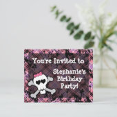 Roze en Zwarte Schedel Hart Party Uitnodigingen (Staand voorkant)