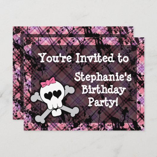 Roze en Zwarte Schedel Hart Party Uitnodigingen (Voorkant / Achterkant)