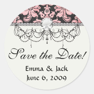 roze en zwarte sierlijke fleur chic damast ronde sticker