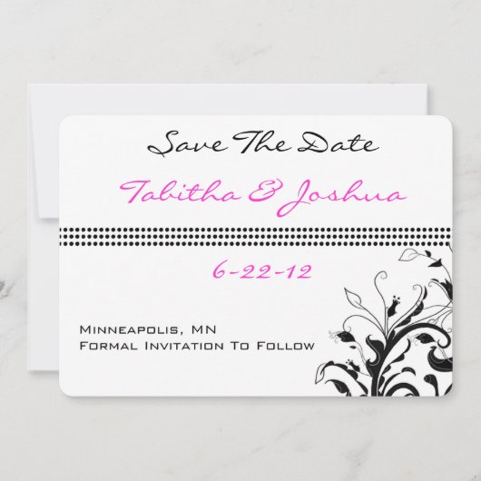 Roze en zwarte sinaasappelen | Weddenschap Save The Date (Voorkant)
